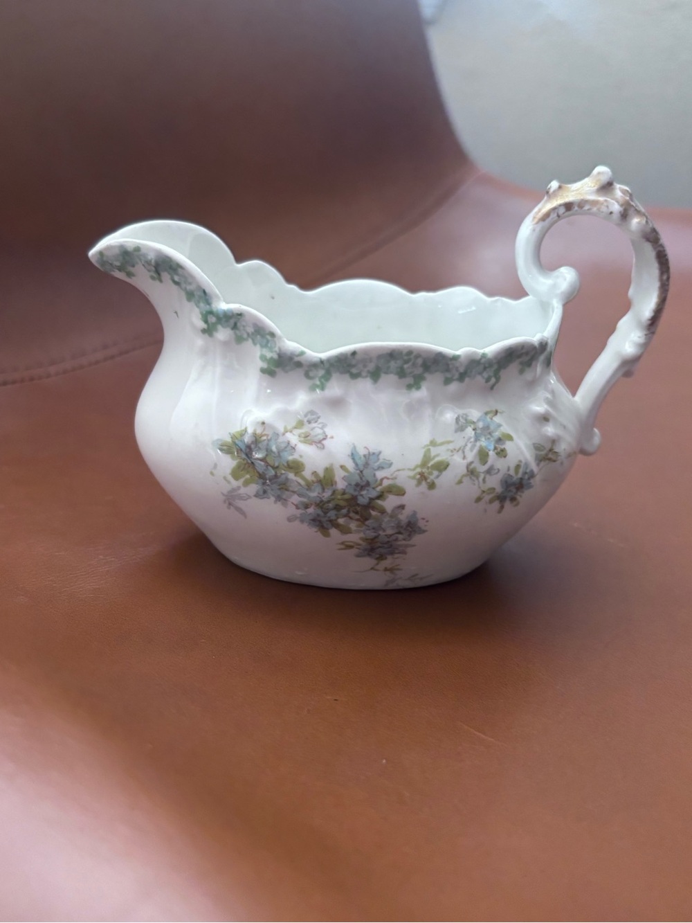 Theodore Limoges Porcelain Creamer Pitcher with Green Trim and Gold Glit